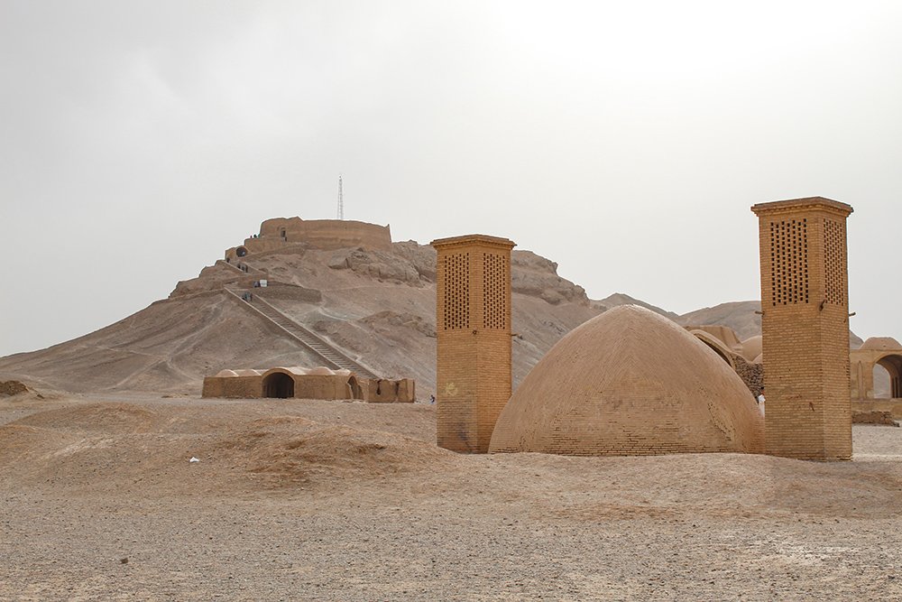 Tower of Silence in Yazd, Iran, an ancient Zoroastrian burial site overlooking the desert