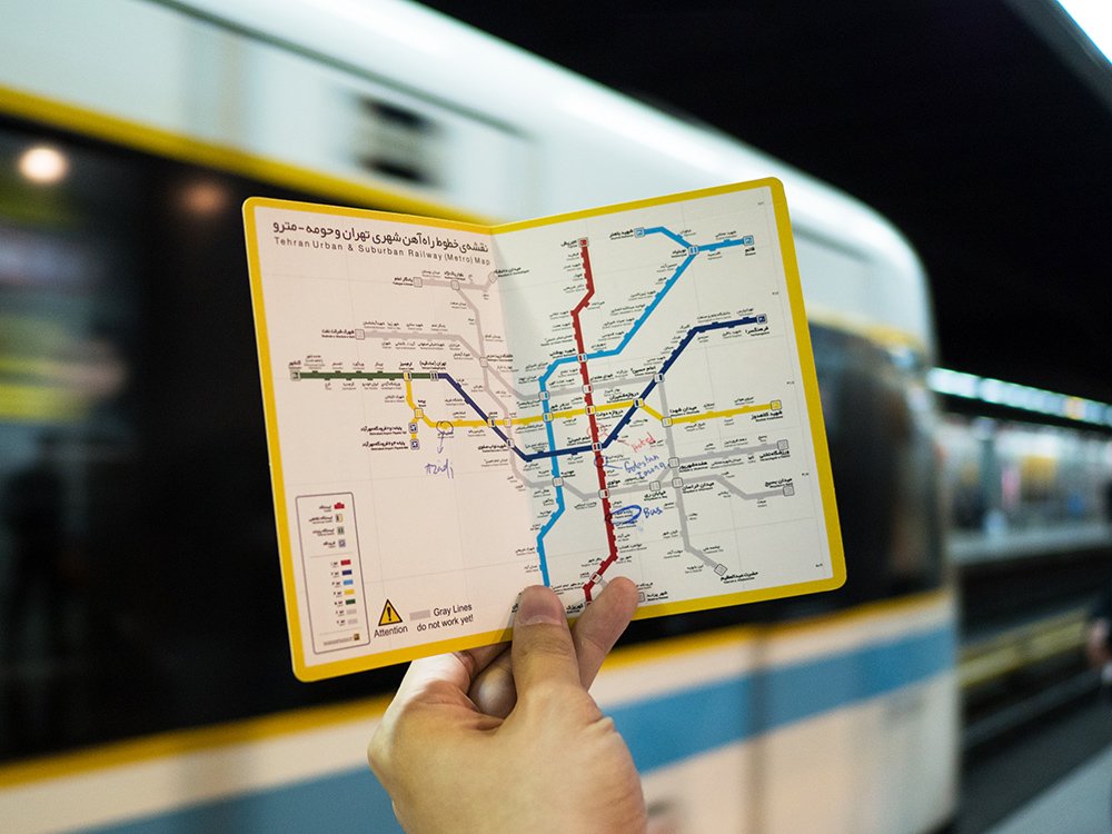 Tehran metro system map detailing public transit lines for the Tehran travel guide