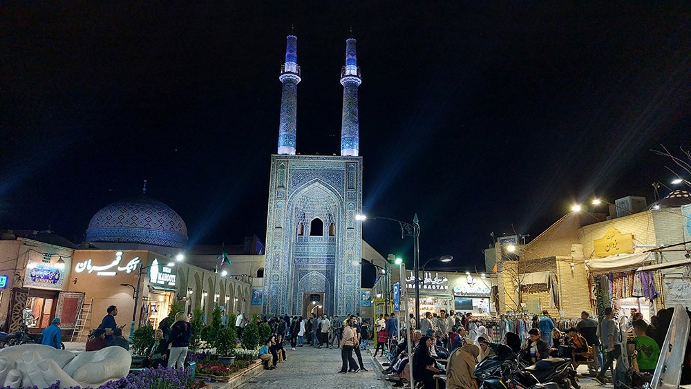 Historic Jameh Mosque of Yazd showcasing Persian Islamic architecture and intricate tile designs, Yazd travel guide attraction