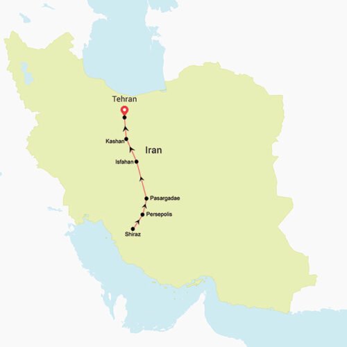 7 Days Iran Express Tour route map showing Shiraz, Persepolis, Isfahan, Kashan, and Tehran