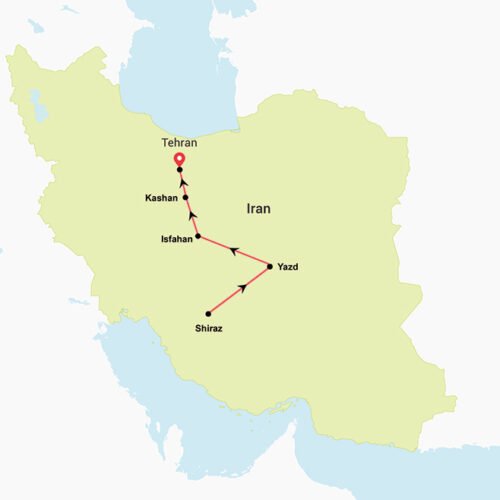 9 Days Iran Tour route map featuring Shiraz, Yazd, Isfahan, Kashan, and Tehran