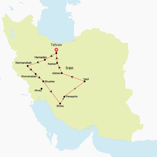 15 Days Iran Tour Timeless Iran route map showing the journey through Tehran, Shiraz, Yazd, Isfahan, Kashan, and other historic cities