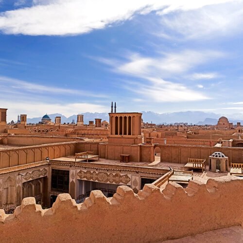 Yazd old town with traditional adobe buildings, narrow alleys, windcatchers, and historic Persian architecture